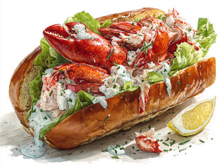 a delicious lobster roll with a creamy dressing, fresh lettuce, and a lemon wedge on the side. The lobster is prominently displayed