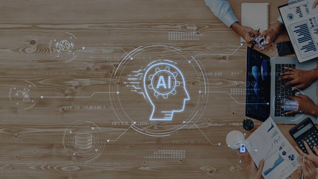 A creative workspace showcasing a digital representation of artificial intelligence on a wooden table with various technology devices, highlighting innovation and collaboration. Raster