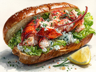 a delicious lobster roll with a creamy dressing, fresh lettuce, and a lemon wedge on the side. The lobster is prominently displayed