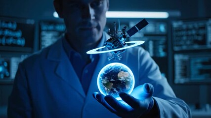 A scientist in a lab holds a holographic Earth and satellite, representing space exploration - Powered by Adobe