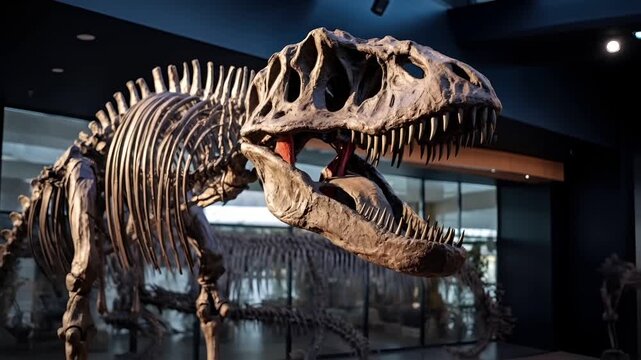 A closeup shot of a dinosaur skeleton in a museum setting. The skeleton is detailed with intricate textures and patterns, and its mouth is open, revealing sharp teeth.