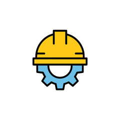 Construction and engineering gear with safety hard hat line icon