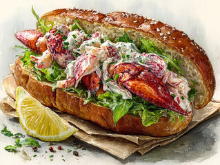 a delicious lobster roll with a creamy dressing, fresh lettuce, and a lemon wedge on the side. The lobster is prominently displayed