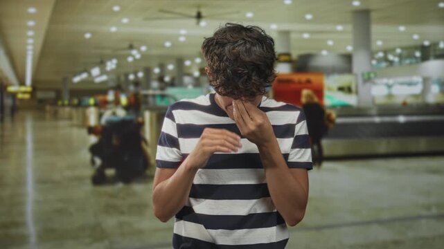 Young man with hand covering face at airport baggage carousel, striped tshirt and tense posture; anxiety.