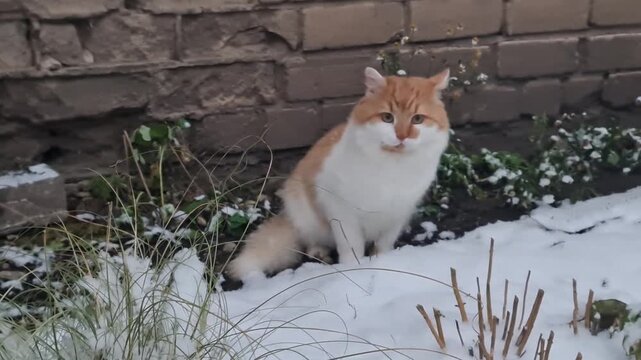 Katze wei&szlig; mit roten Abzeichen, Winter, drau&szlig;en, Schnee, K&auml;lte, Lettland