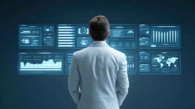 Business Professional Analyzing Data on Digital Screen with Graphs and Charts in Modern Office Environment 4k video footage