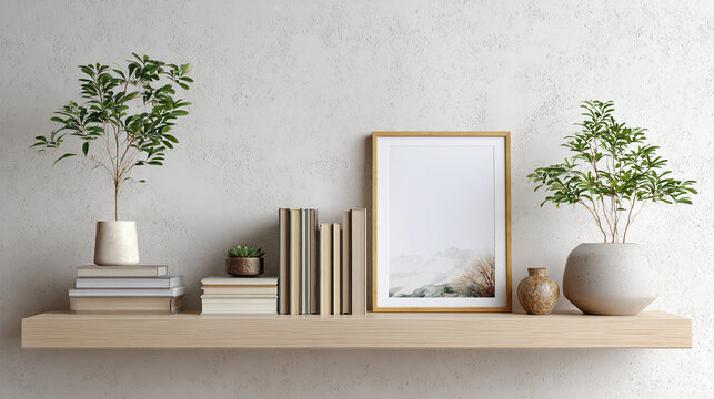 A minimalist shelf with decorative items, including a blank picture frame, plants, and books. It's a serene scene of interior design