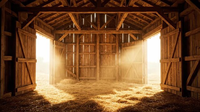 Sunlight streaming through open barn door illuminating wooden interior and hay floor. Rustic farm building atmosphere in documentary style footage