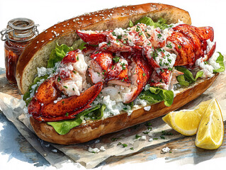 a delicious lobster roll with a creamy dressing, fresh lettuce, and a lemon wedge on the side. The lobster is prominently displayed