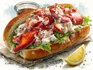 a delicious lobster roll with a creamy dressing, fresh lettuce, and a lemon wedge on the side. The lobster is prominently displayed