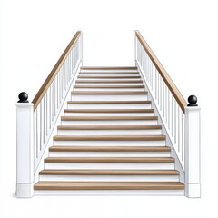 Fototapeta premium White Wooden Staircase with Railings and Steps on a White Background