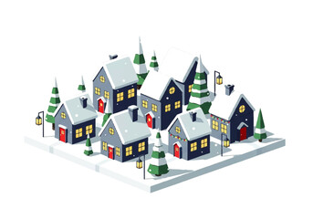 Isometric illustration of a snowy village scene with houses, trees, and street lamps, creating a festive winter holiday atmosphere.
