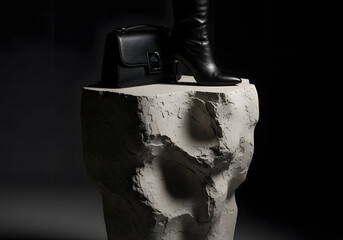 A stylish fashion concept with a black boot and a matching bag displayed on a stone-like platform against a dark backdrop. The scene evokes a sense of elegance and luxury