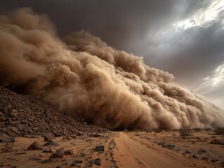 wide angle landscape with a huge and powerful sandstorm in a desert land