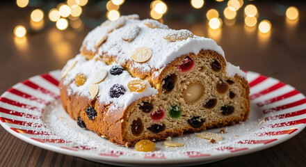 Traditional holiday stollen cake decorated with powdered sugar on a wooden table 