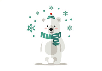 Illustration of a cute polar bear wearing a striped scarf and hat, surrounded by snowflakes on a white background.