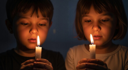 Two children mesmerized by candlelight in a darkened room