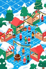Isometric illustration of a lively outdoor Christmas market with people, snow-covered stalls selling food, pine trees, and a bonfire, all under falling snow.