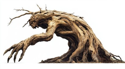 A captivating, gnarled tree sculpture that seems to come alive, showcasing nature's artistry and eerie beauty.