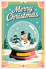 Retro Christmas greeting card illustration featuring a cheerful snowman inside a snow globe, surrounded by pine trees, with Merry Christmas typography and a decorative border.