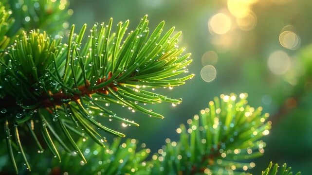 Close-up of a vibrant green pine tree branch with water droplets.