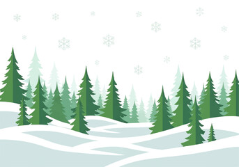 A winter landscape featuring stylized evergreen trees on snow-covered hills with falling snowflakes against a white background.