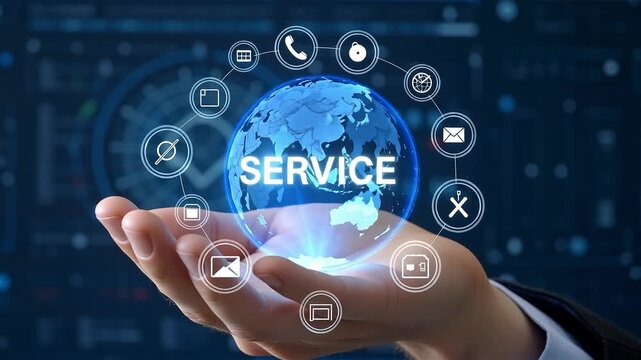 Global Services: Hand Holding Earth with Service Icons - Digital Connectivity, Worldwide Support, Business Solutions Concept.
- Powered by Adobe