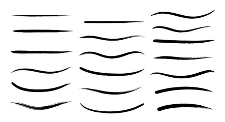 A versatile collection of hand-drawn black ink brush strokes, featuring wavy, curved, and straight underline elements for creative emphasis