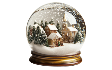 Snow globe featuring a tiny holiday town scene with festive buildings and snow covered streets isolated on transparent background PNG