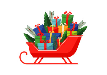 A red sleigh overflowing with colorful Christmas gifts and decorated with green pine trees, isolated on a white background.
