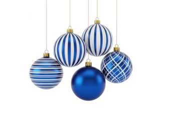 Collection of blue and white christmas ornaments isolated on transparent background