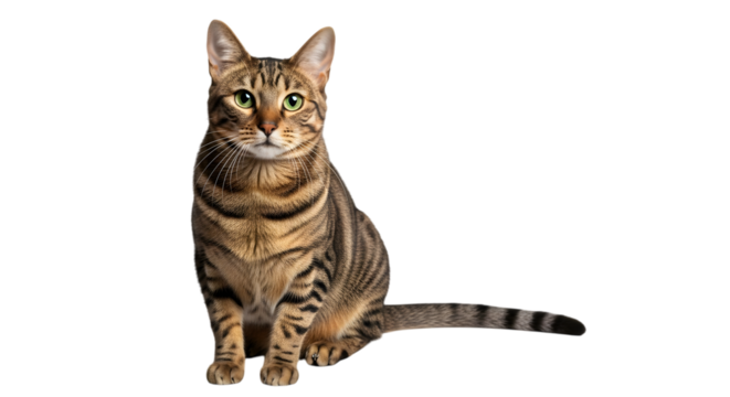 Elegant bengal cat sitting and looking forward isolated on transparent background