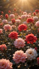 Vibrant red and pink roses blooming under golden sunlight in a peaceful garden during sunset