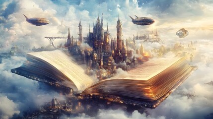 Magical book reveals a flying steampunk city above the clouds with airships and fantasy towers