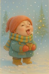 Joyful child in winter clothes catching snowflakes on tongue and holding warm mug in snowy forest
