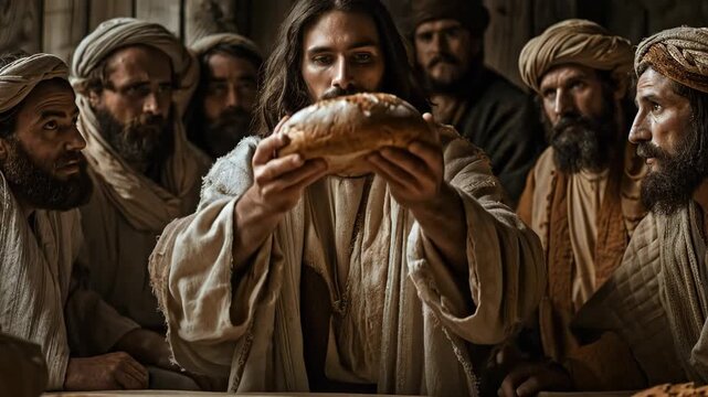 Jesus Christ blesses the bread surrounded by the apostles. The Last Supper. The Gospel story.