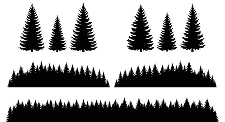 Collection of diverse evergreen tree and forest landscape silhouettes on white background