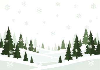 Obraz premium Winter landscape illustration with evergreen trees on snow-covered hills and falling snowflakes against a white background.
