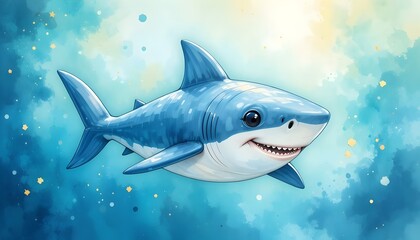 Cute smiling cartoon shark swimming underwater in a dreamy ocean fantasy scene