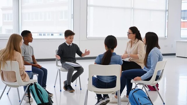 Group Discussion: Students in Circle with Teacher - Education, Counseling, Peer Support, Learning Environment Concept.

