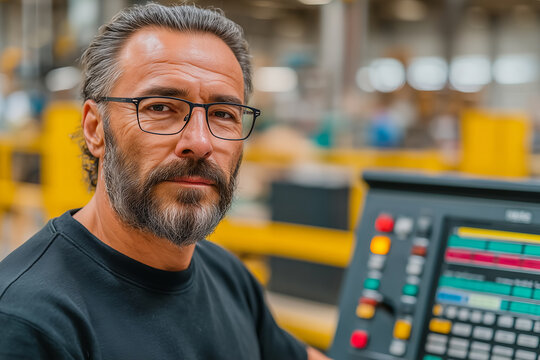Experienced quality engineer operating industrial machine control panel in factory environment focused on precision and process accuracy