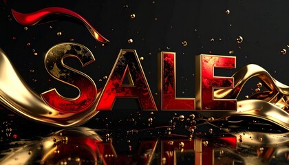 Large bold metallic letters spelling 'SALE' on a glossy black textured background, dramatic shadows enhancing contrast