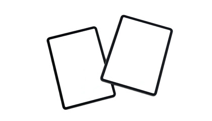 Two digital tablet devices with blank white screens against a black background