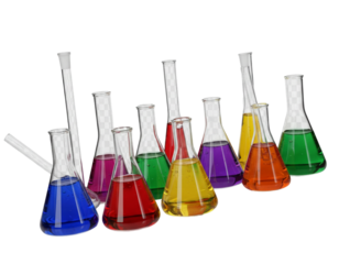 Angled View of Scientific Glassware with Colored Chemicals, Transparent PNG