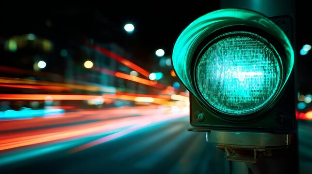 Bright green traffic light shining brightly in the night with dynamic light trails of passing cars creating a sense of motion and urban energy in the background.