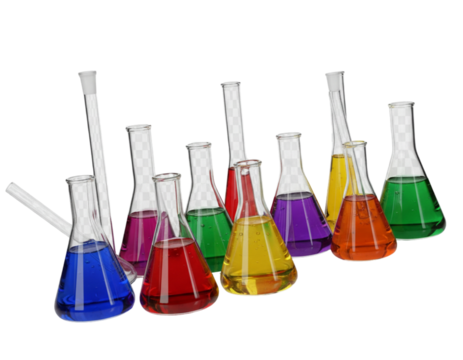 Angled View of Scientific Glassware with Colored Chemicals, Transparent PNG - Powered by Adobe