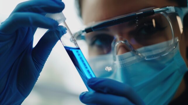 A young Caucasian woman with brown hair examines a test tube containing blue liquid. She wears protective gloves, goggles, and a face mask in a laboratory setting.