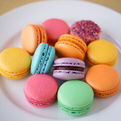 Obraz premium A vibrant assortment of colorful French macarons and a sprinkled pastry on a white plate, showcasing a variety of sweet treats.