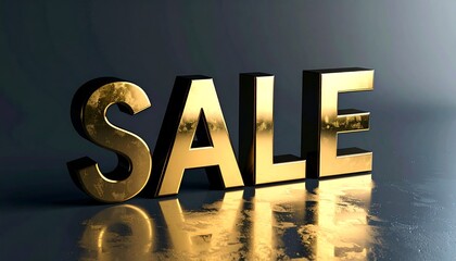 Large bold metallic letters spelling 'SALE' on a glossy black textured background, dramatic shadows enhancing contrast