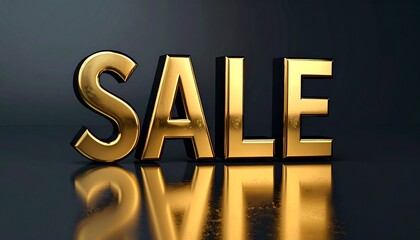 Large bold metallic letters spelling 'SALE' on a glossy black textured background, dramatic shadows enhancing contrast